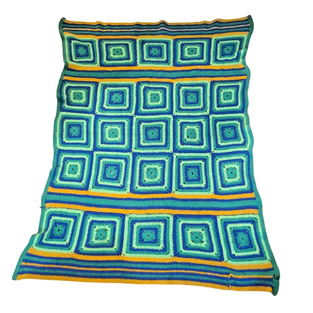Vintage Crochet Afghan Throw Blanket Granny Square Green Blue Yellow 60''x46''